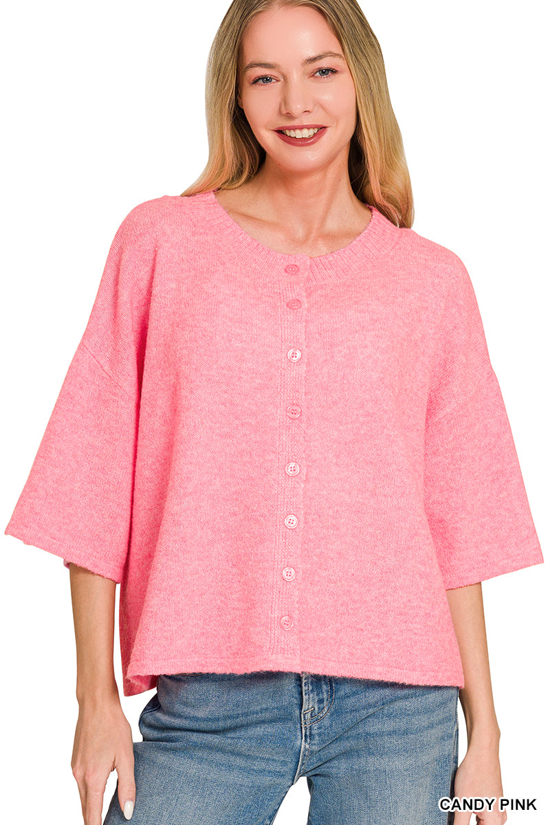 Wool Half Sleeve Cardigan - CANDY PINK