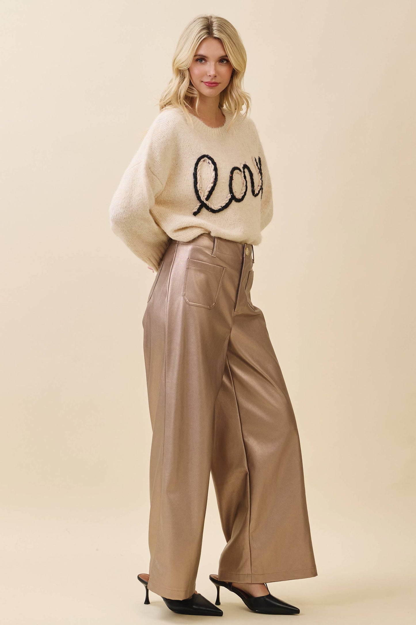 Metallic Wide-Leg Faux Leather Pants