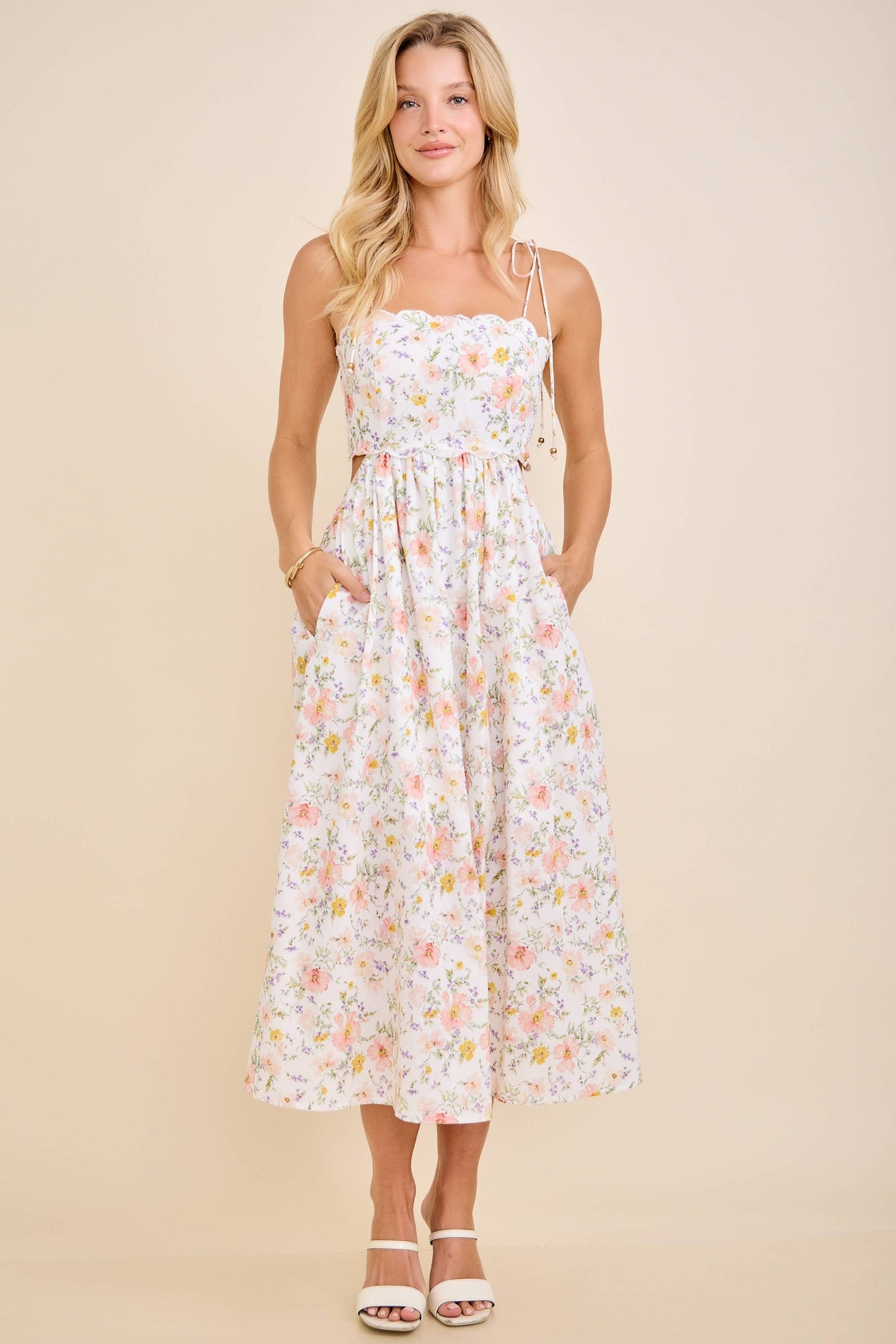 Scallop Edge Floral Midi Dress