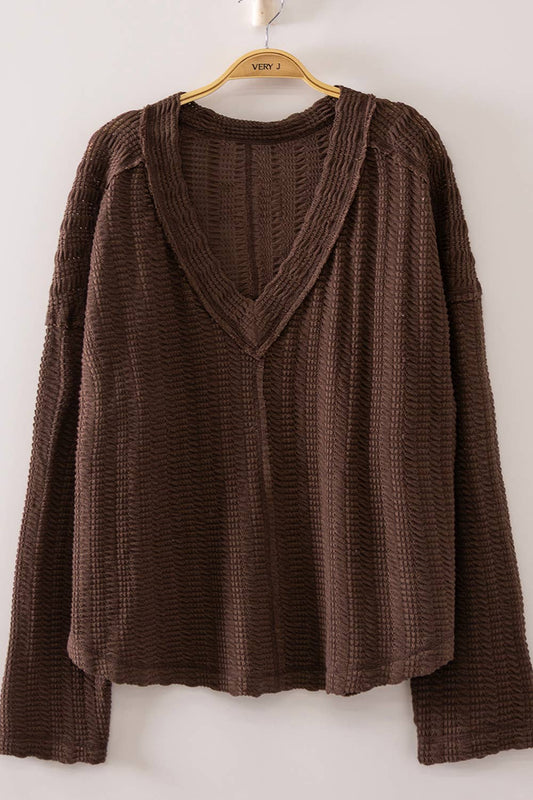 Weave V-Neck Top - CHOCOLATE