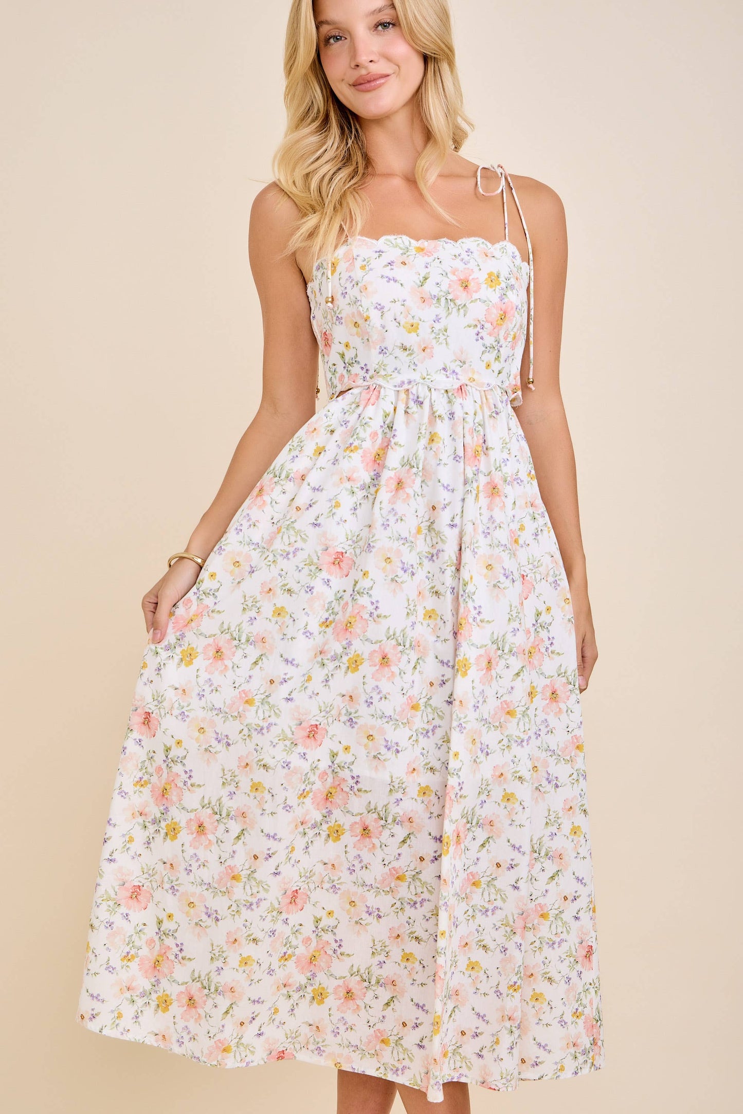 Scallop Edge Floral Midi Dress