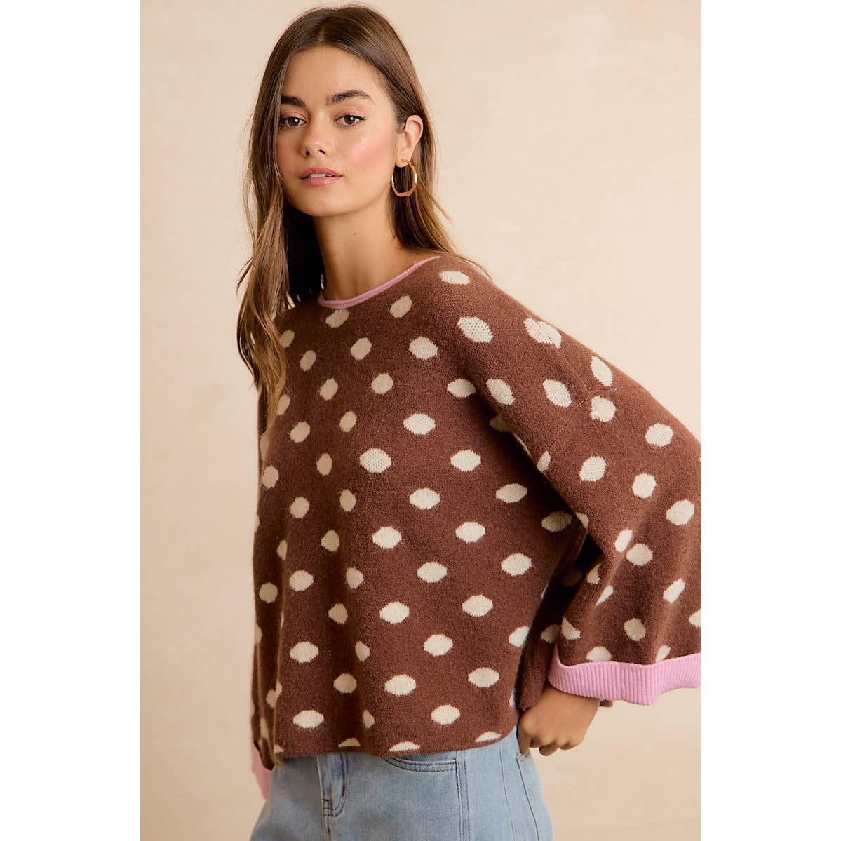Brown Polka Dot Rolled Sweater