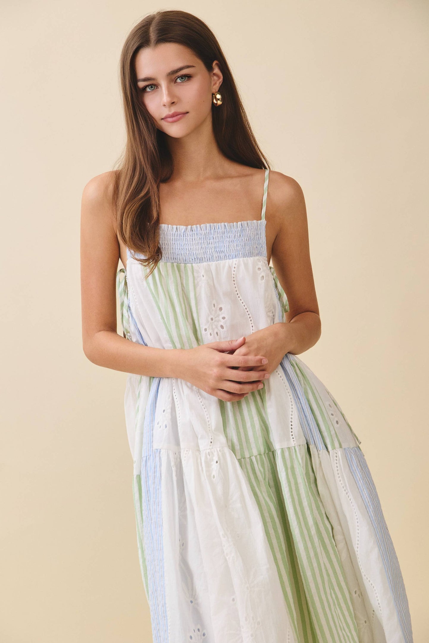 Blue Patchwork Tiered Midi Dress
