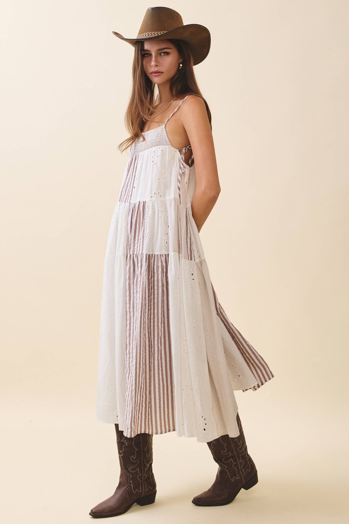 Brown Patchwork Tiered Midi Dress