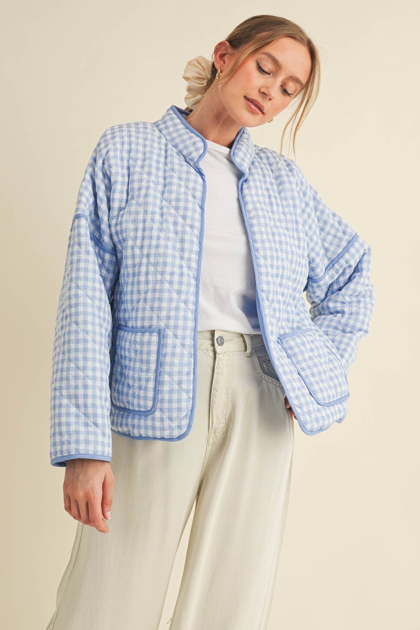 Quilted Plaid Puff Jacket - Blue