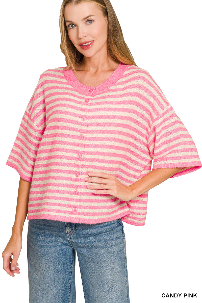 Striped Wool Cardigan - CANDY PINK