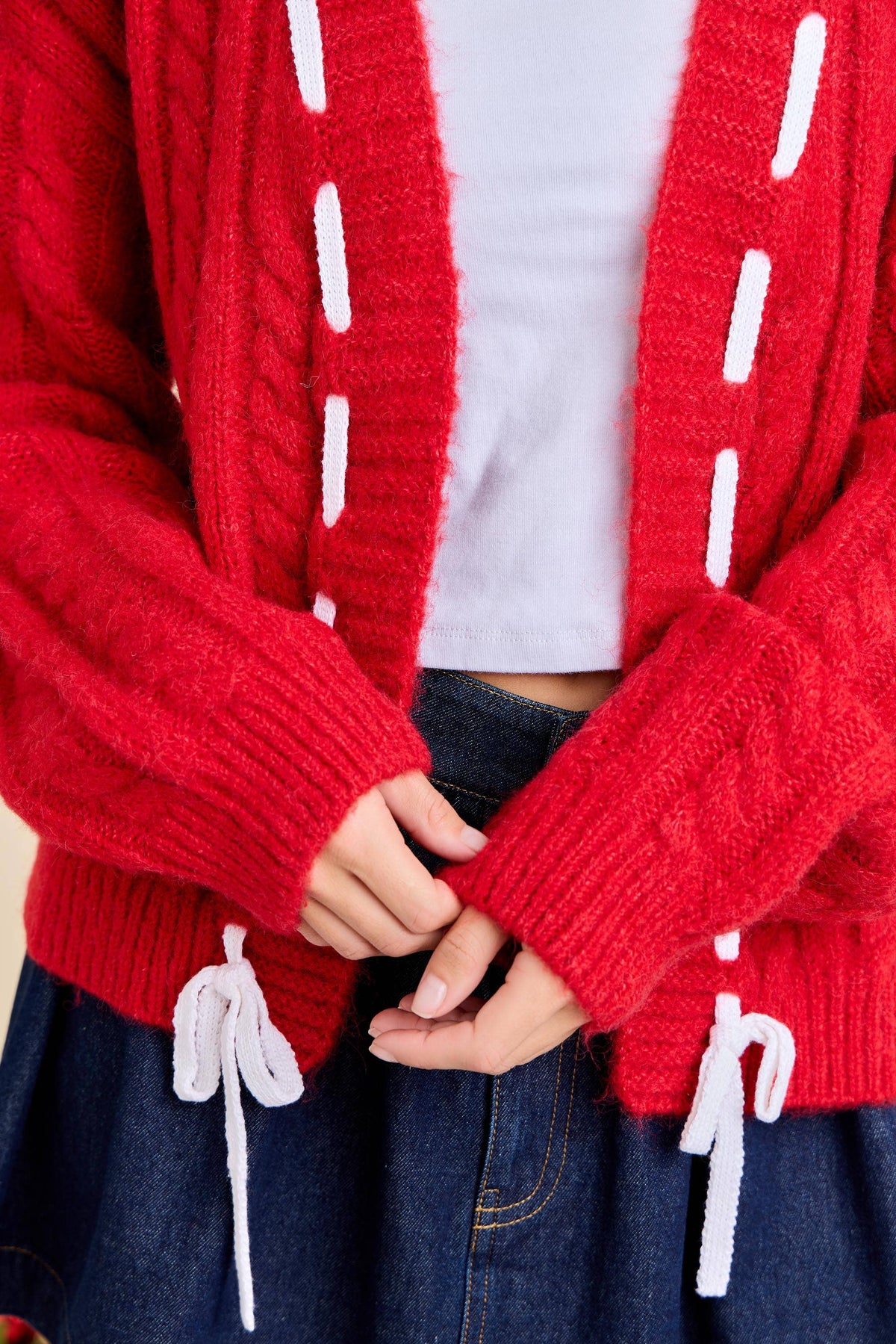 Red Ribbon Cable Knit Cardigan