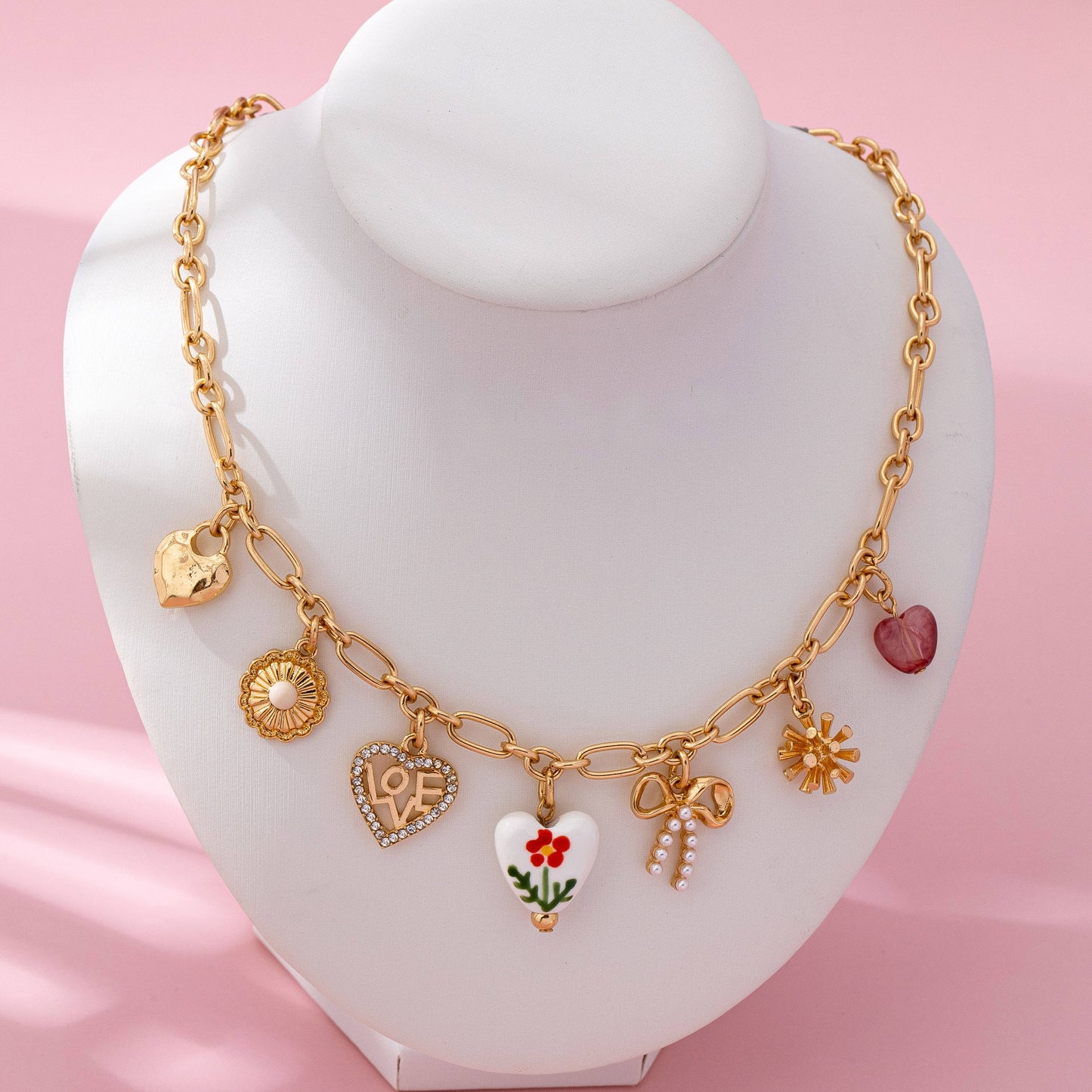 Floral Hearts & Bows Charm Necklace