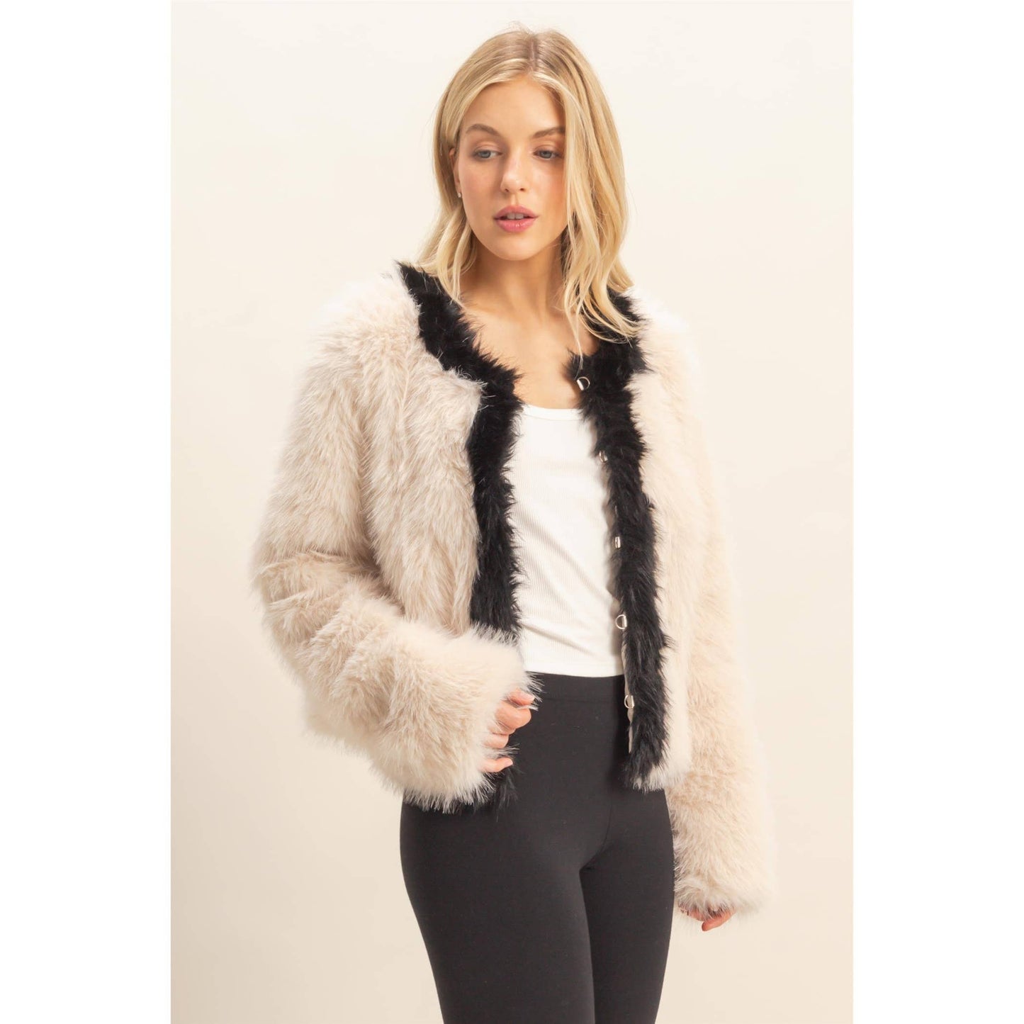 Contrasting Trimmed Faux Fur Jacket