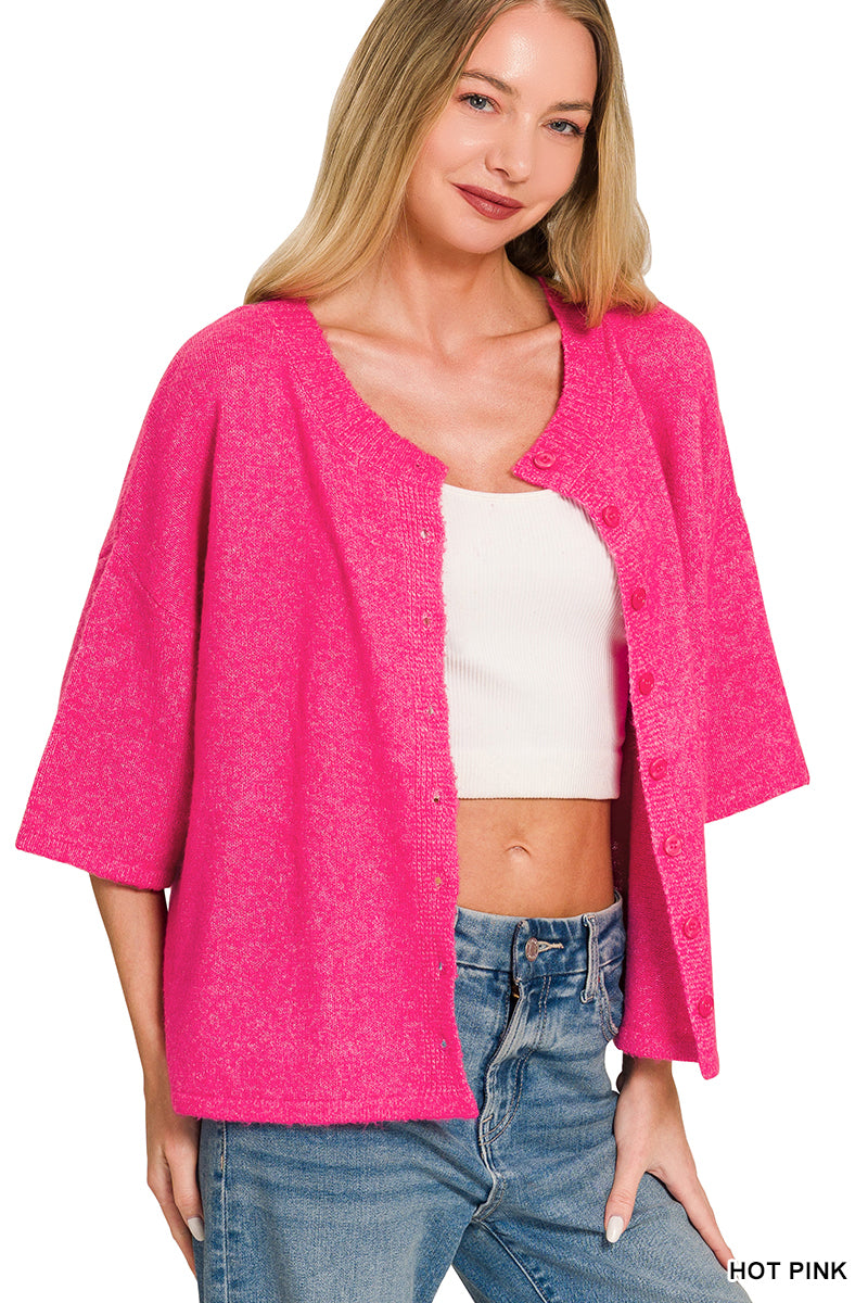 Wool Half Sleeve Cardigan - HOT PINK