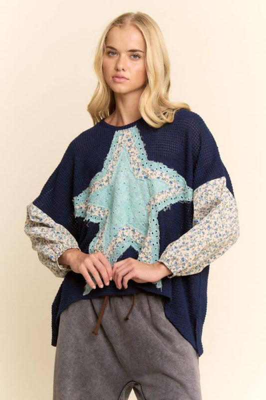 Star Patchwork Waffle Knit Top