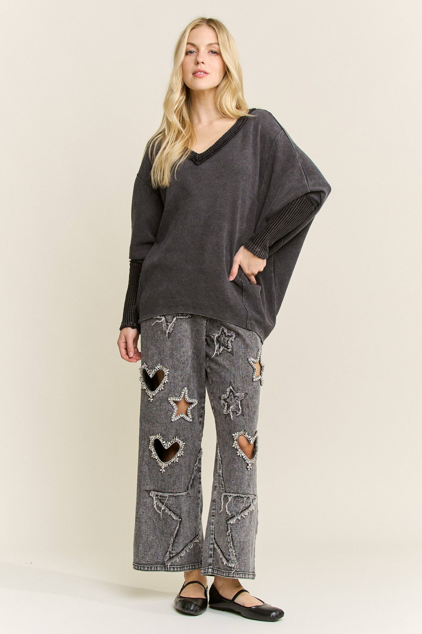 Bling Rhinestone Cut-Out Jeans