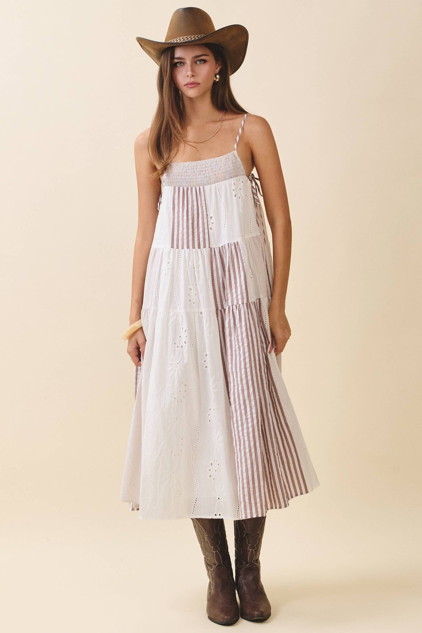 Brown Patchwork Tiered Midi Dress