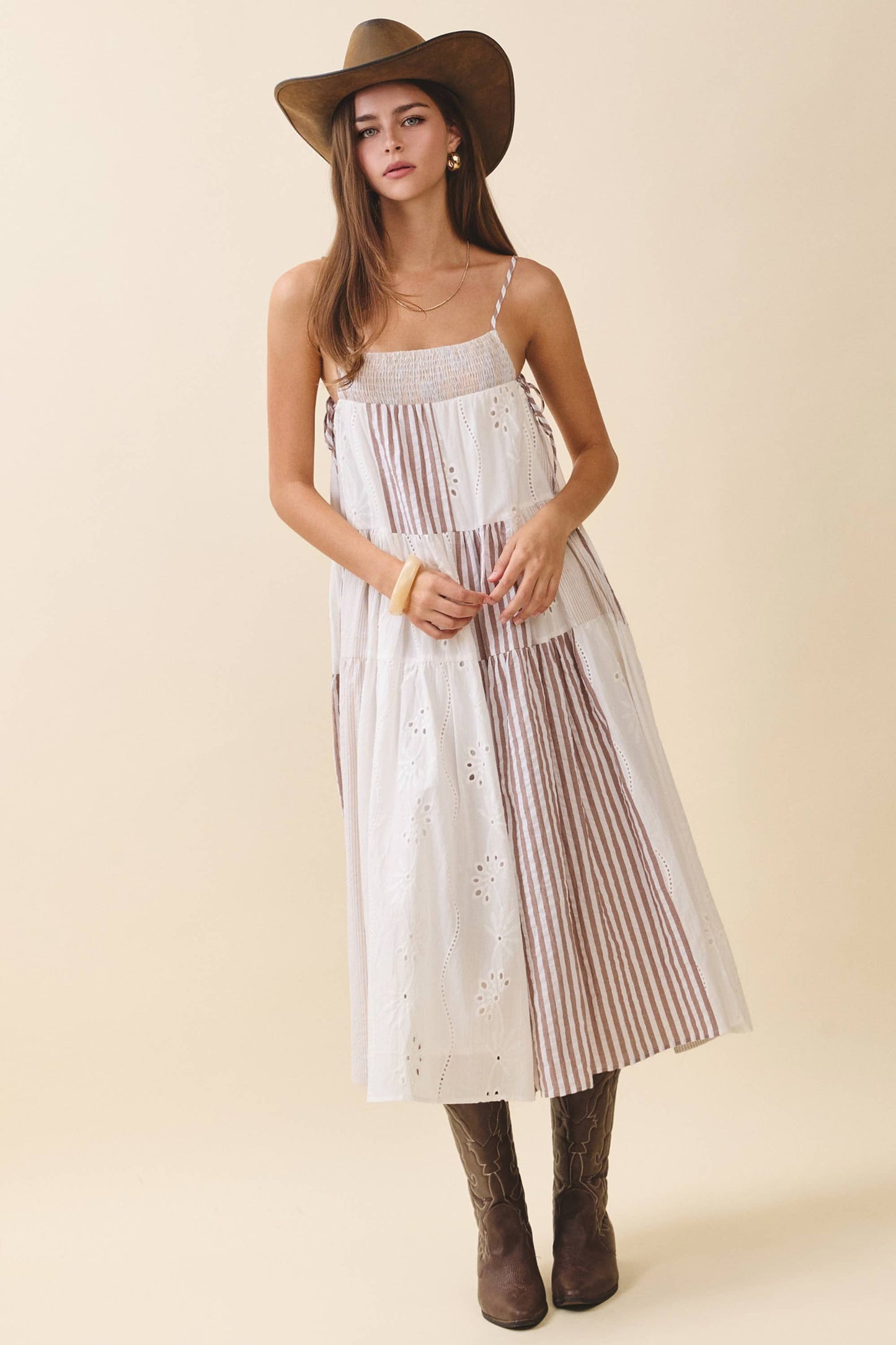 Brown Patchwork Tiered Midi Dress