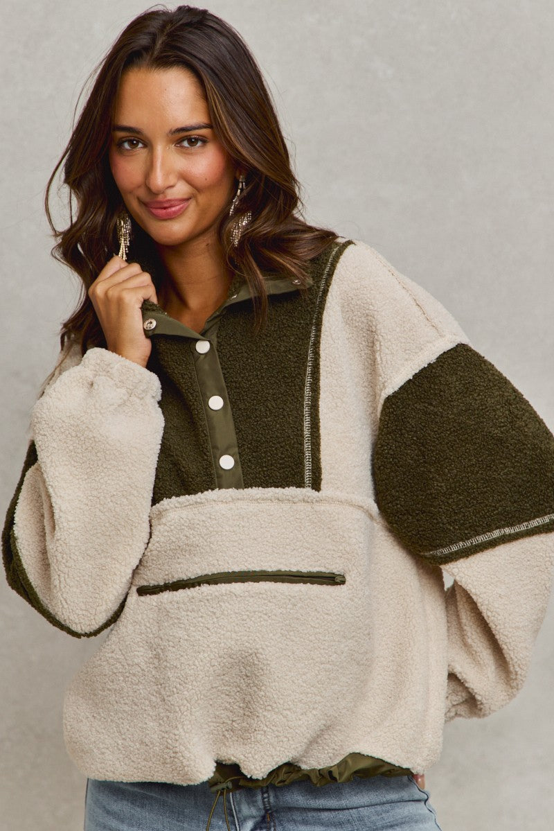 Cream & Olive Sherpa Pullover
