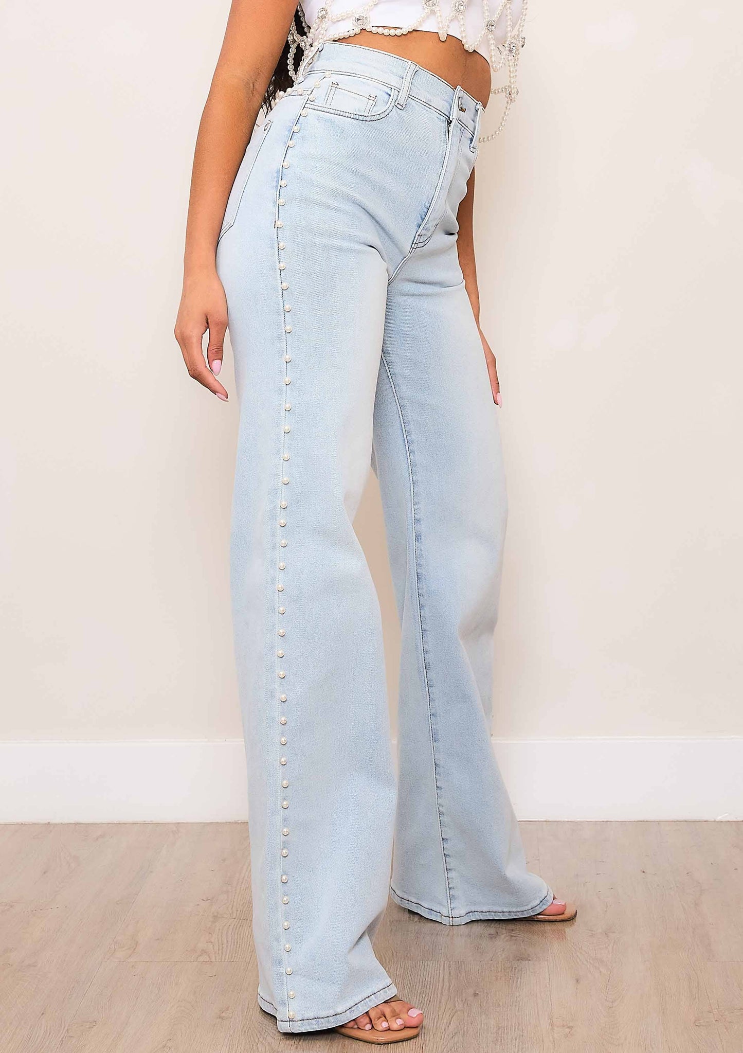 Pearl Stud High Rise Wide Jeans