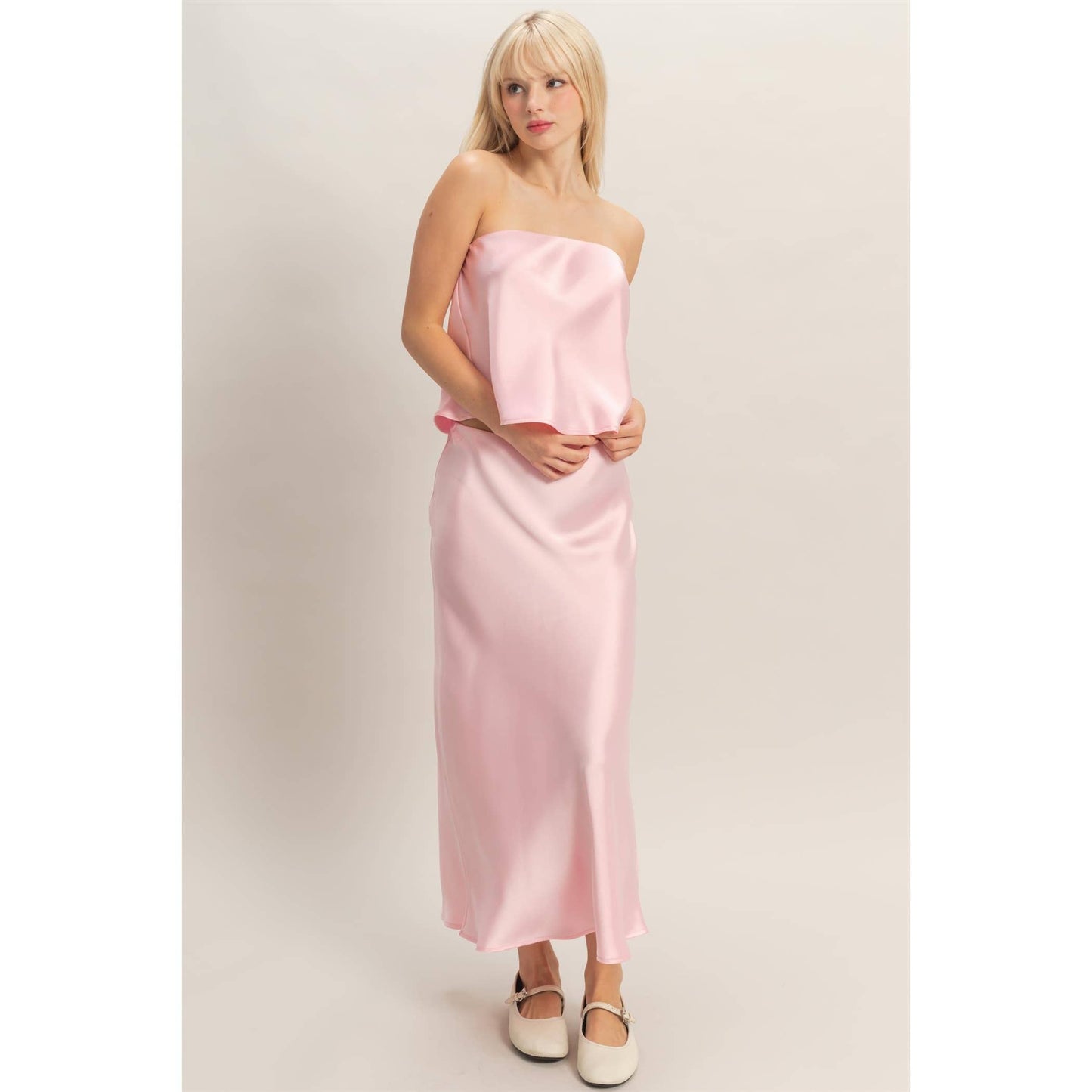 Satin Midi Skirt - PINK