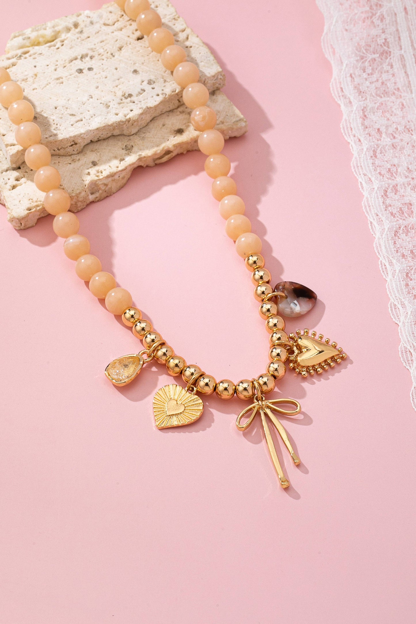 Beige Beaded Charm Necklace