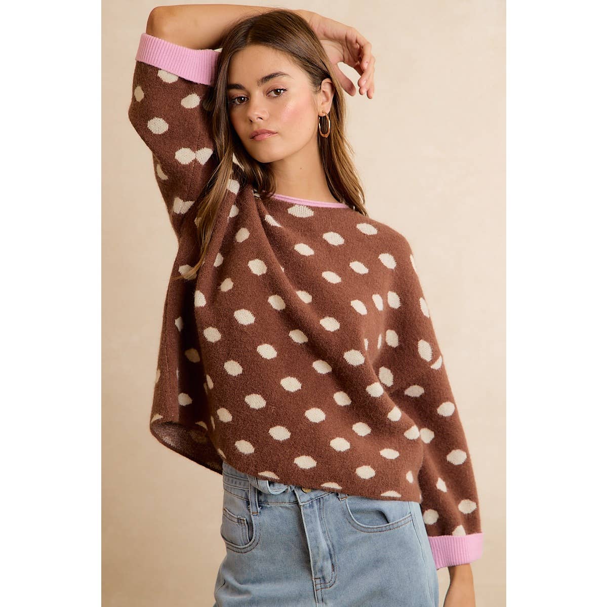 Brown Polka Dot Rolled Sweater