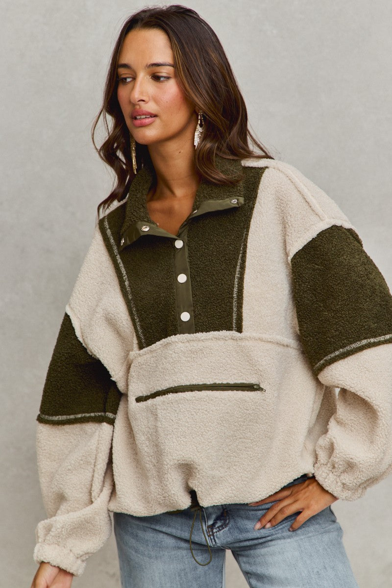 Cream & Olive Sherpa Pullover