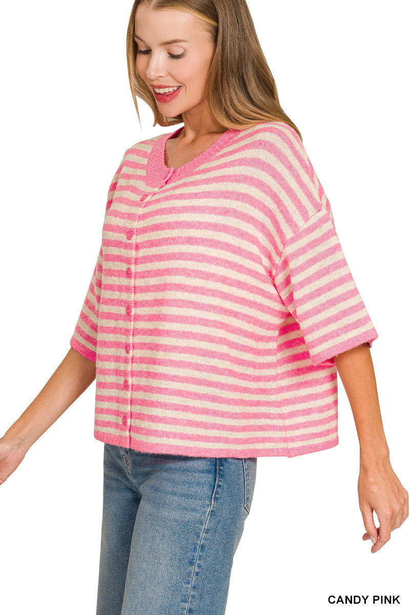 Striped Wool Cardigan - CANDY PINK