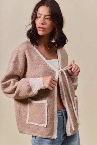 Taupe Ribbon Tie Cardigan