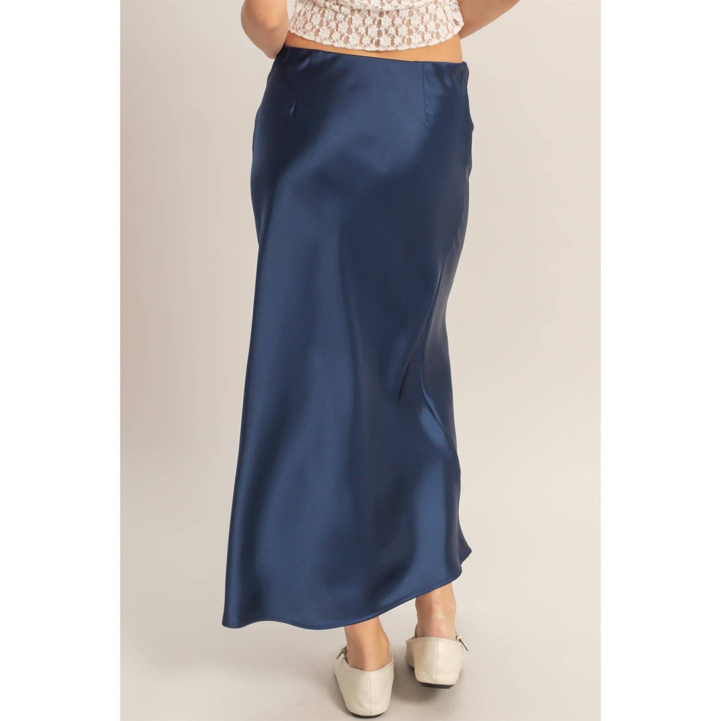Satin Midi Skirt - NAVY