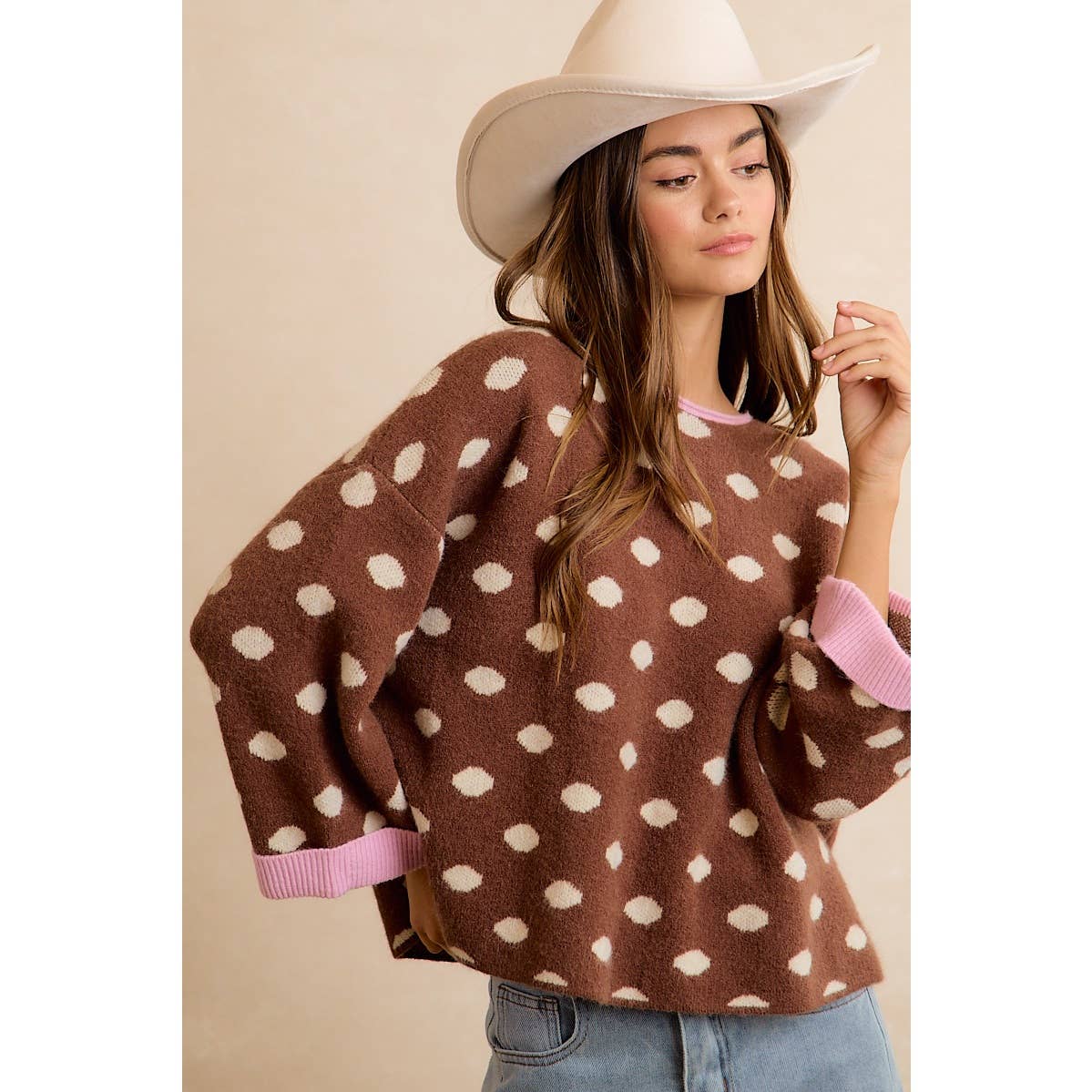 Brown Polka Dot Rolled Sweater