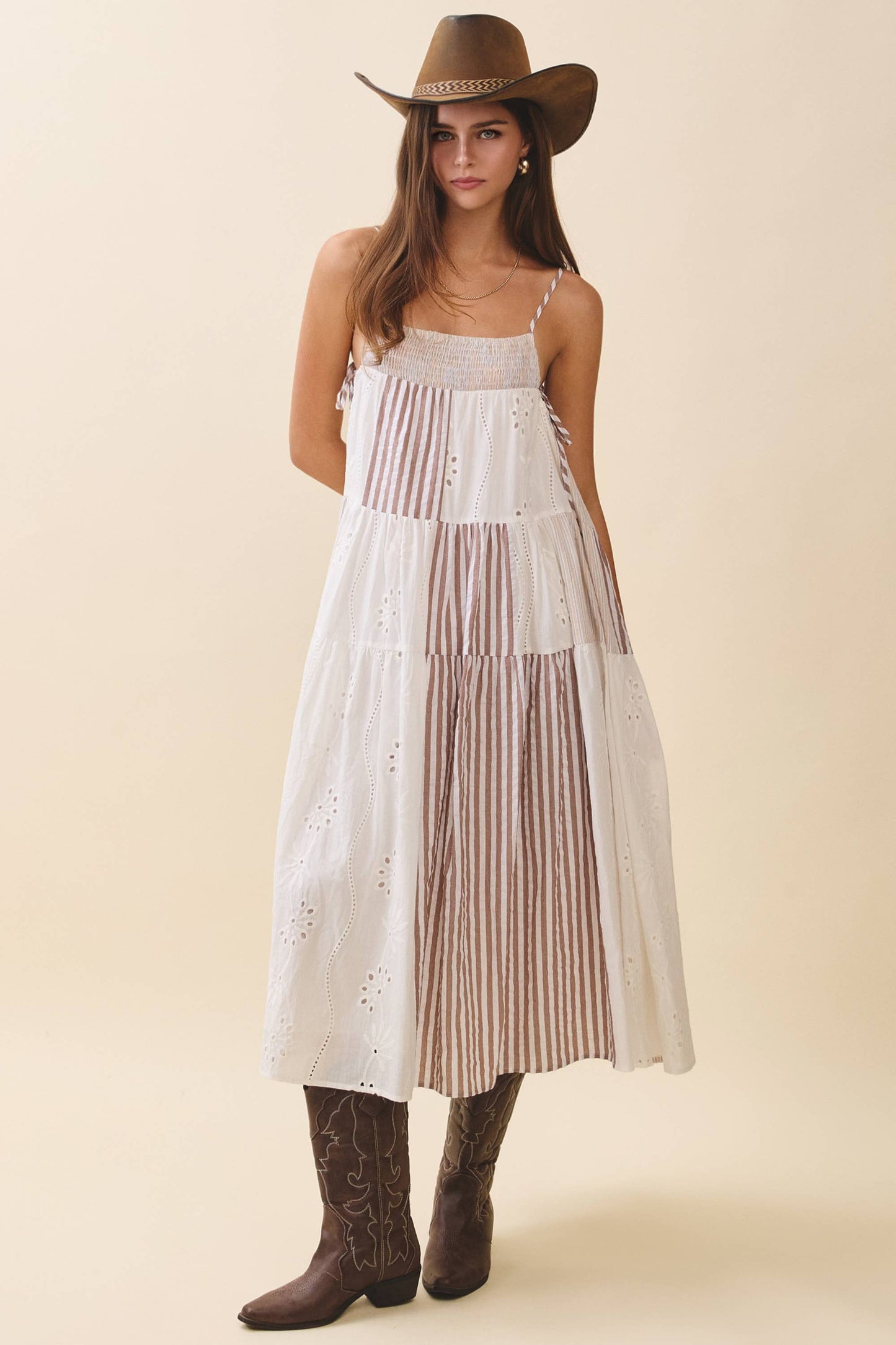 Brown Patchwork Tiered Midi Dress