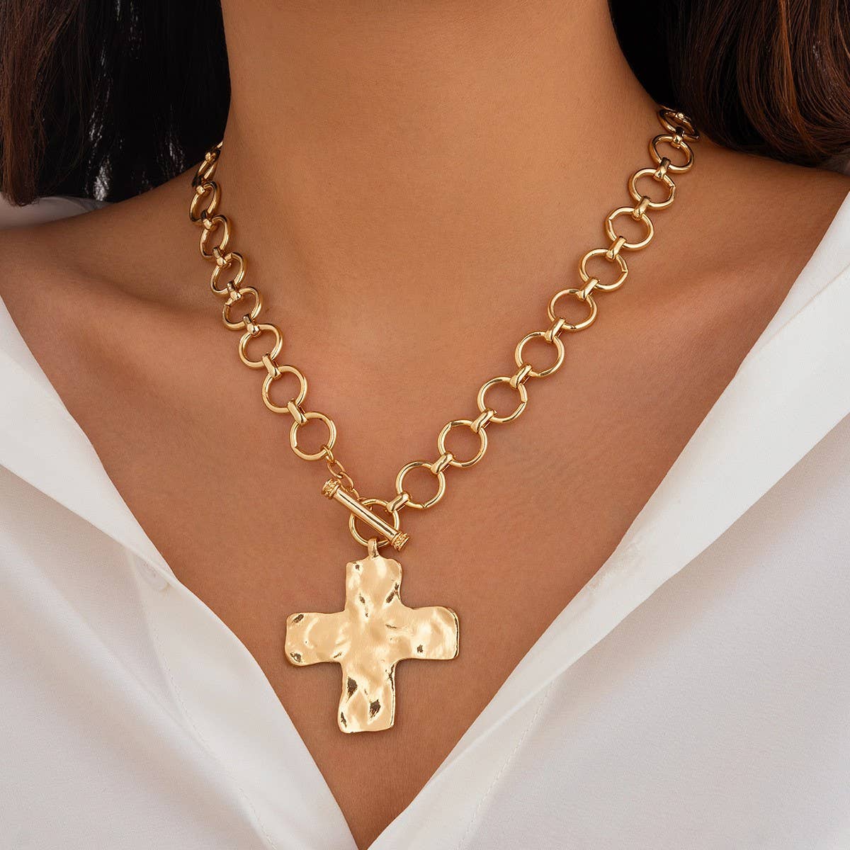 Textured Cross Gold Necklace