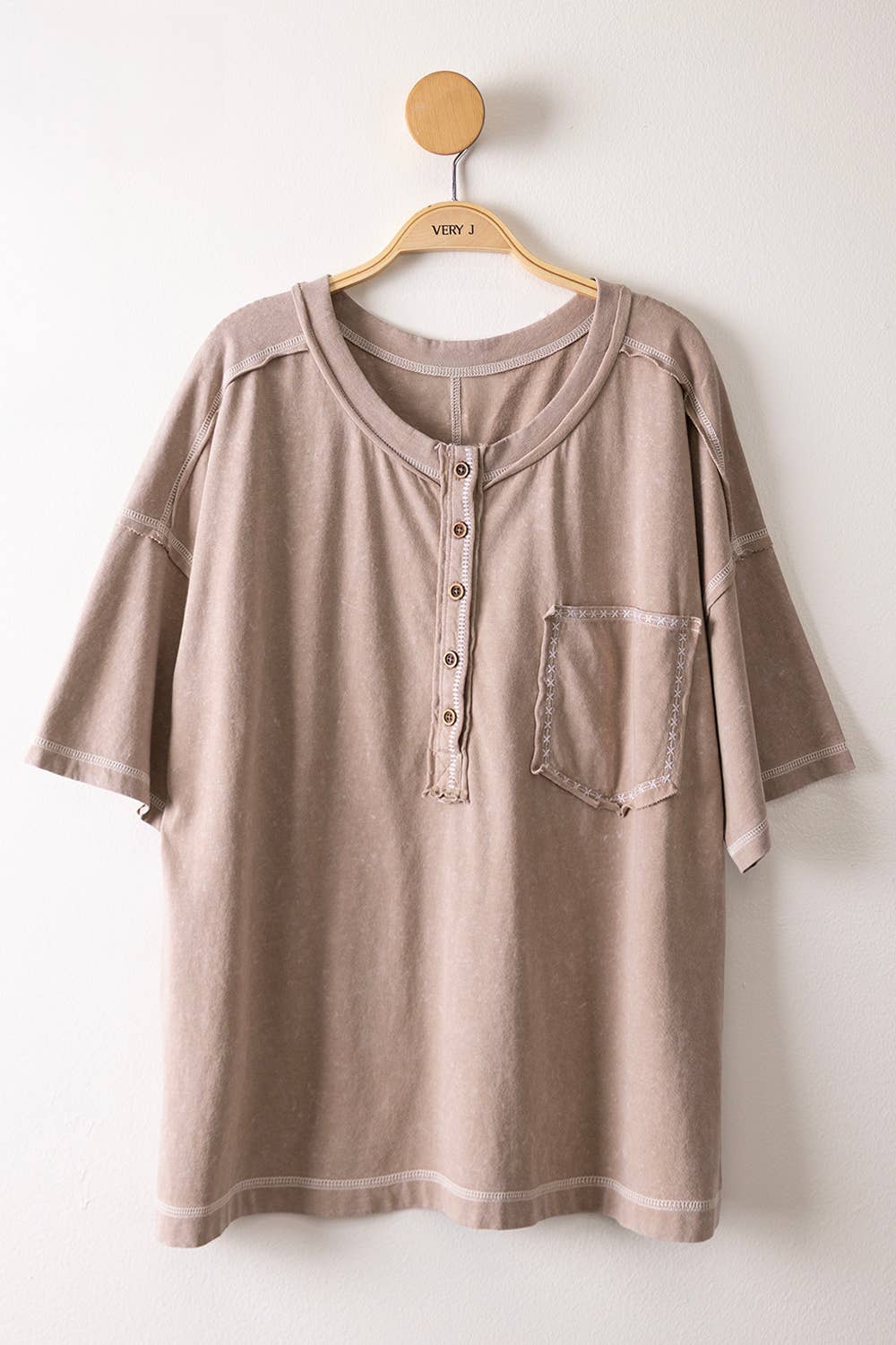 Mineral Washed Boyfriend Top - TAUPE