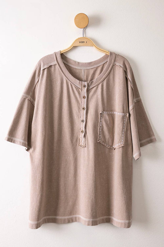 Mineral Washed Boyfriend Top - TAUPE
