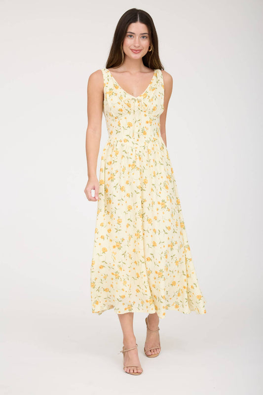 Floral Corset Midi Dress - YELLOW