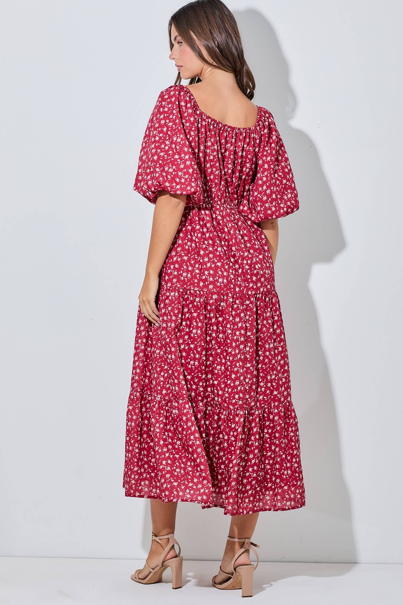 Flower Bubble Sleeve Midi Dress