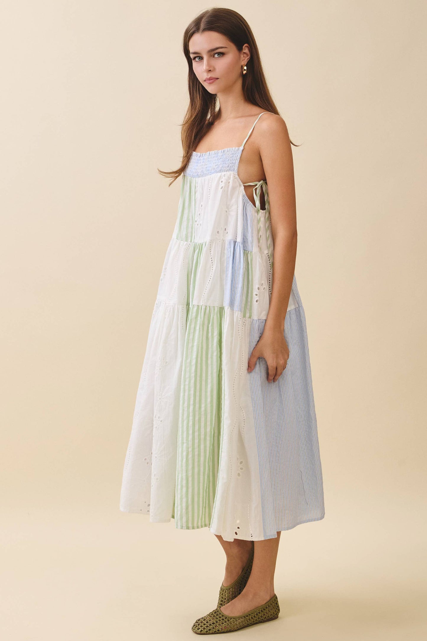 Blue Patchwork Tiered Midi Dress