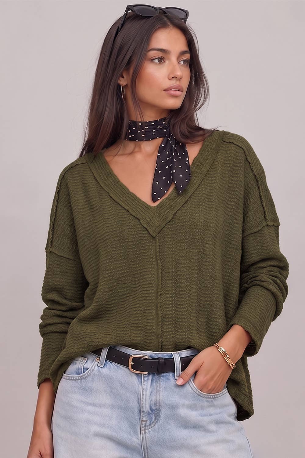 Weave V-Neck Top - OLIVE