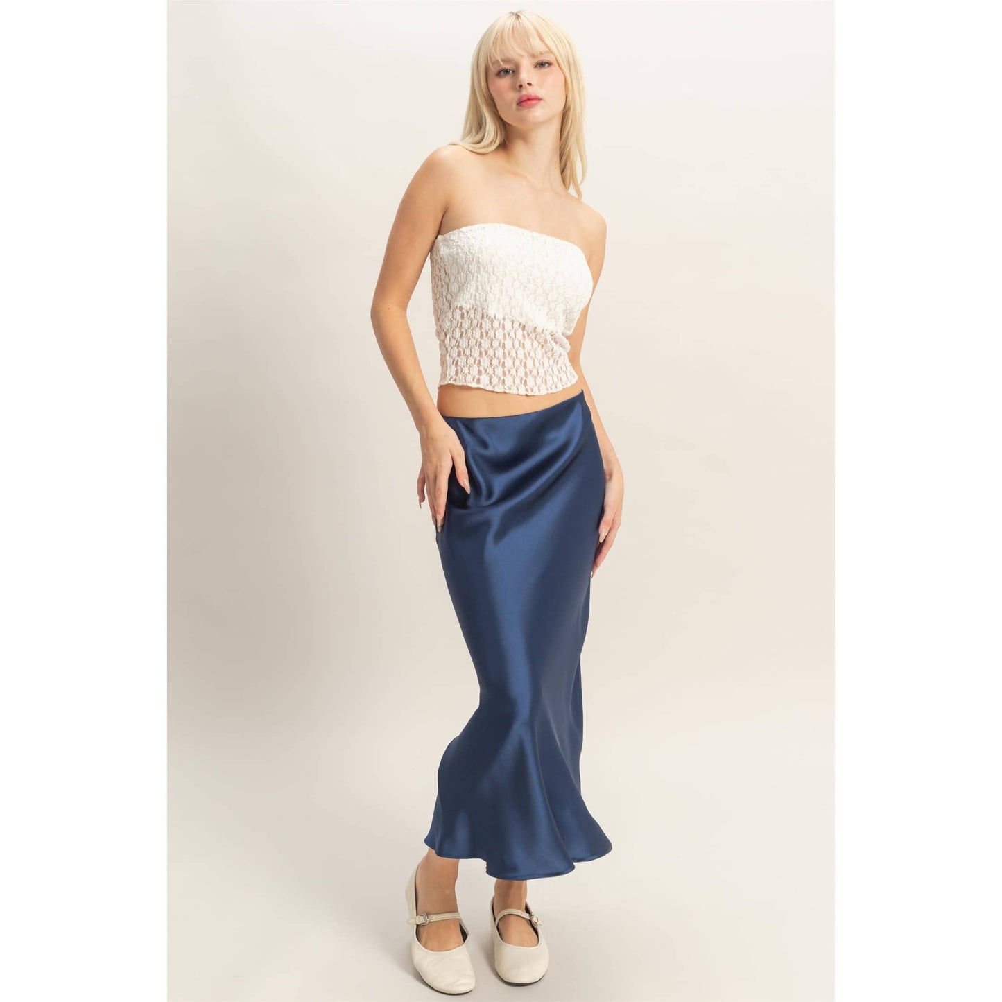 Satin Midi Skirt - NAVY