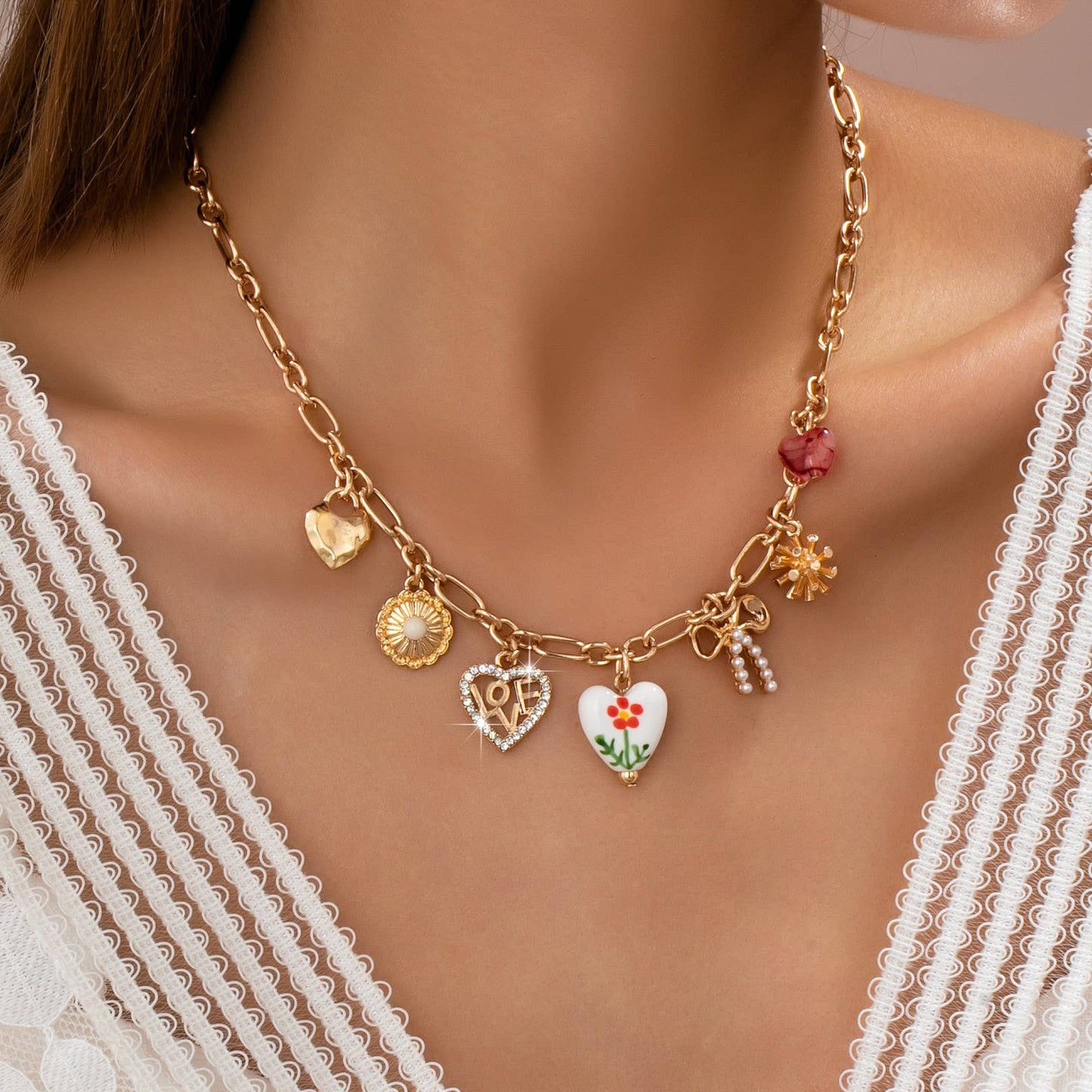 Floral Hearts & Bows Charm Necklace