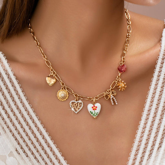 Floral Hearts & Bows Charm Necklace