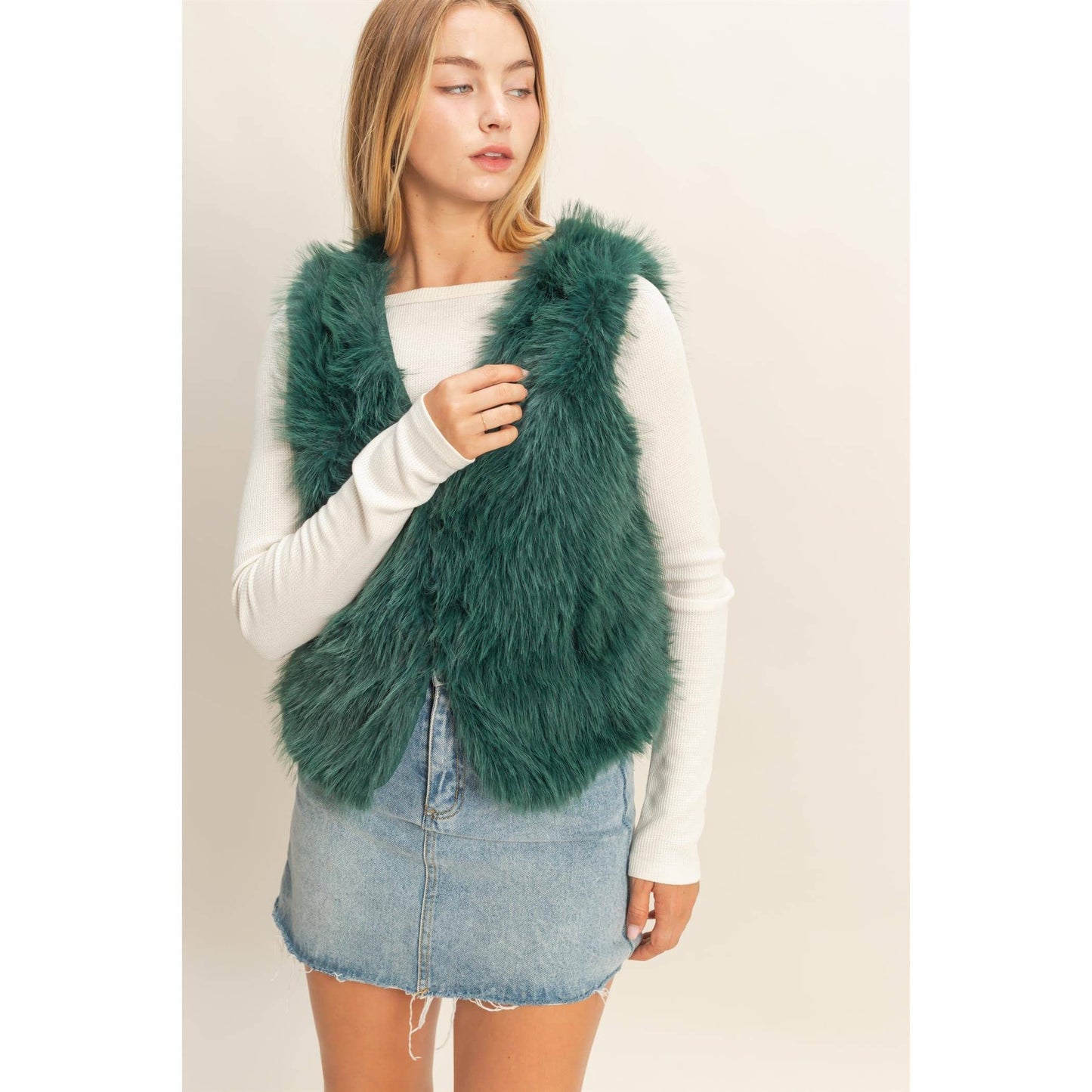 Green Faux Fur Open Vest