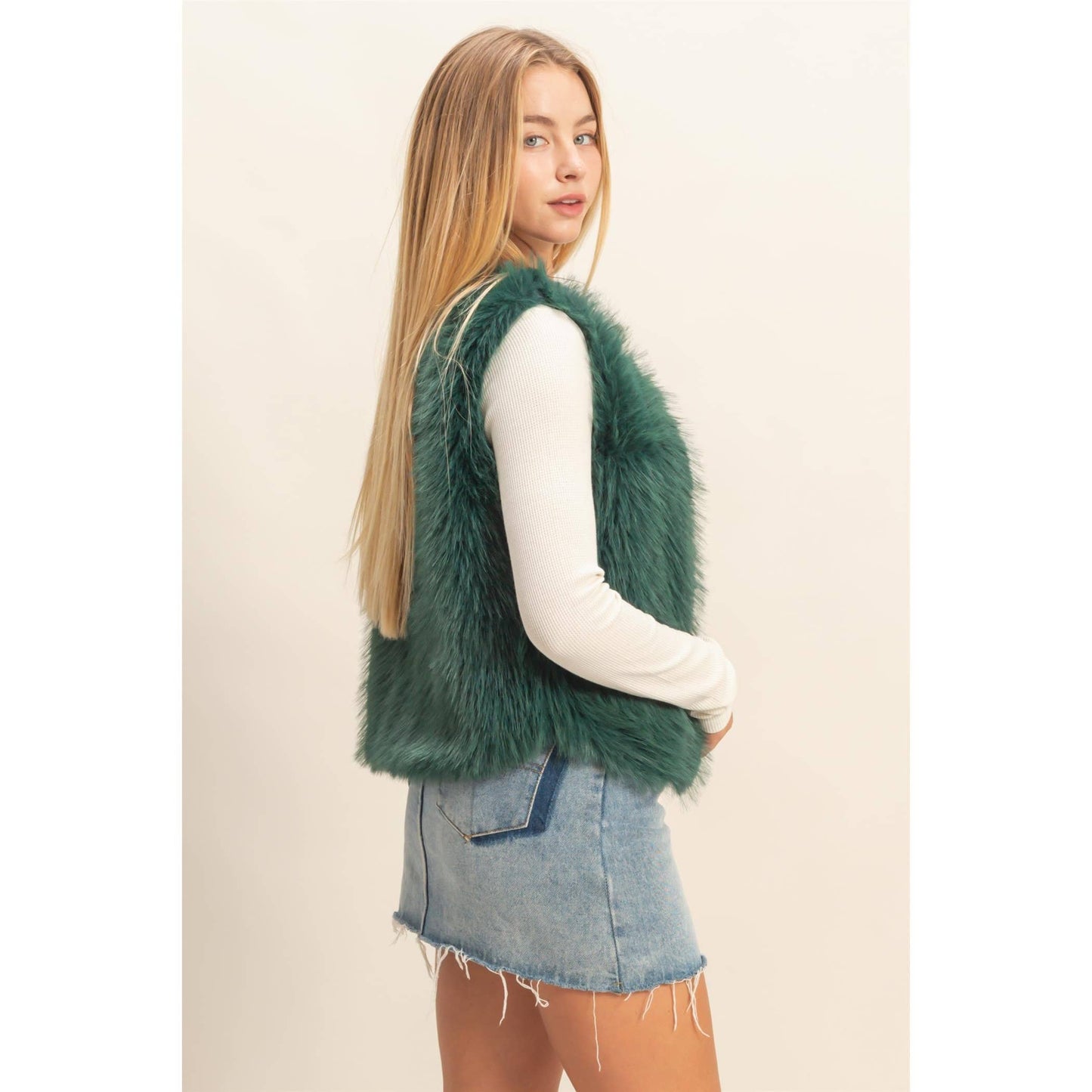 Green Faux Fur Open Vest