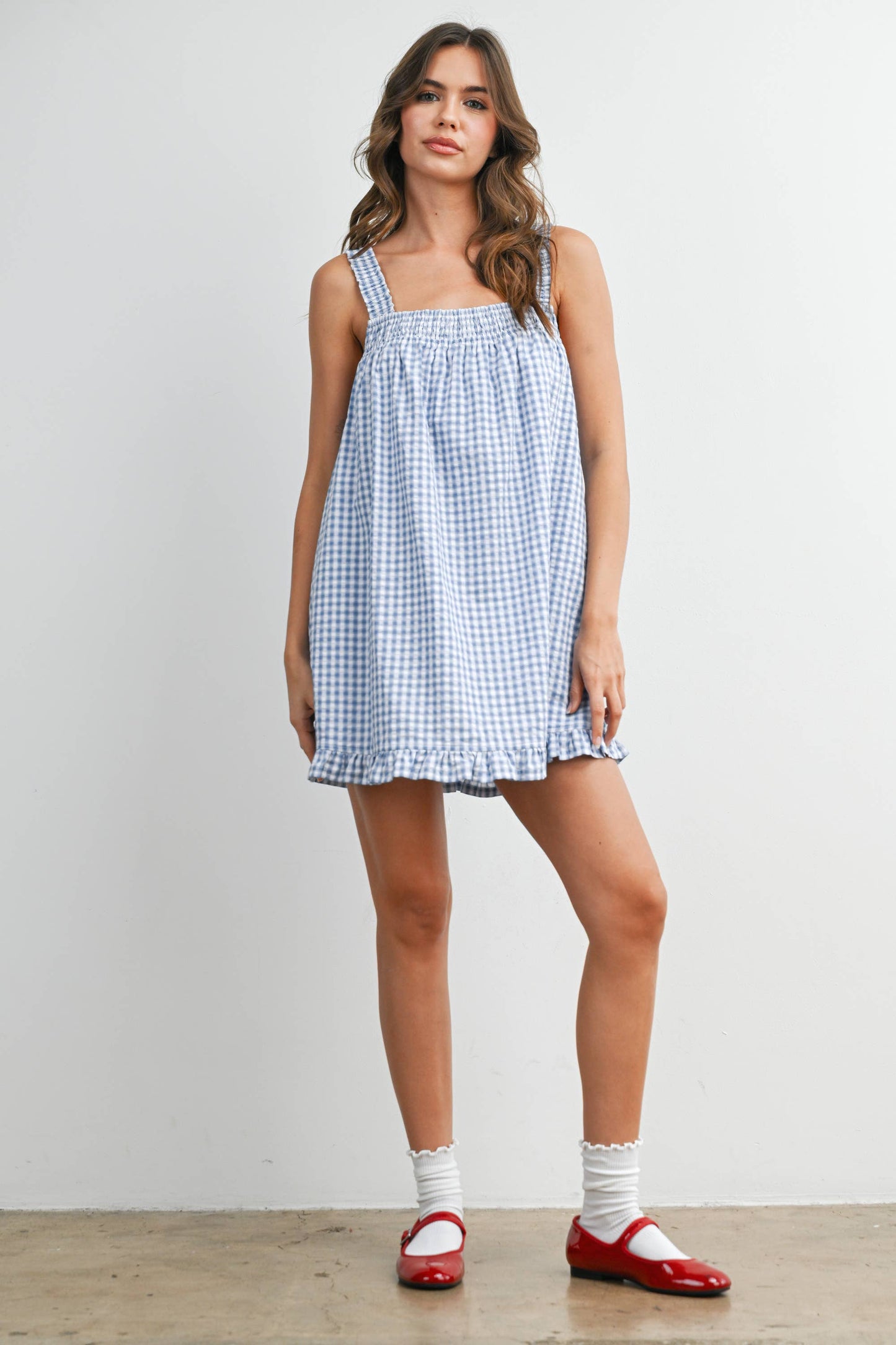 Blue Smocked Ruffle Hem Dress