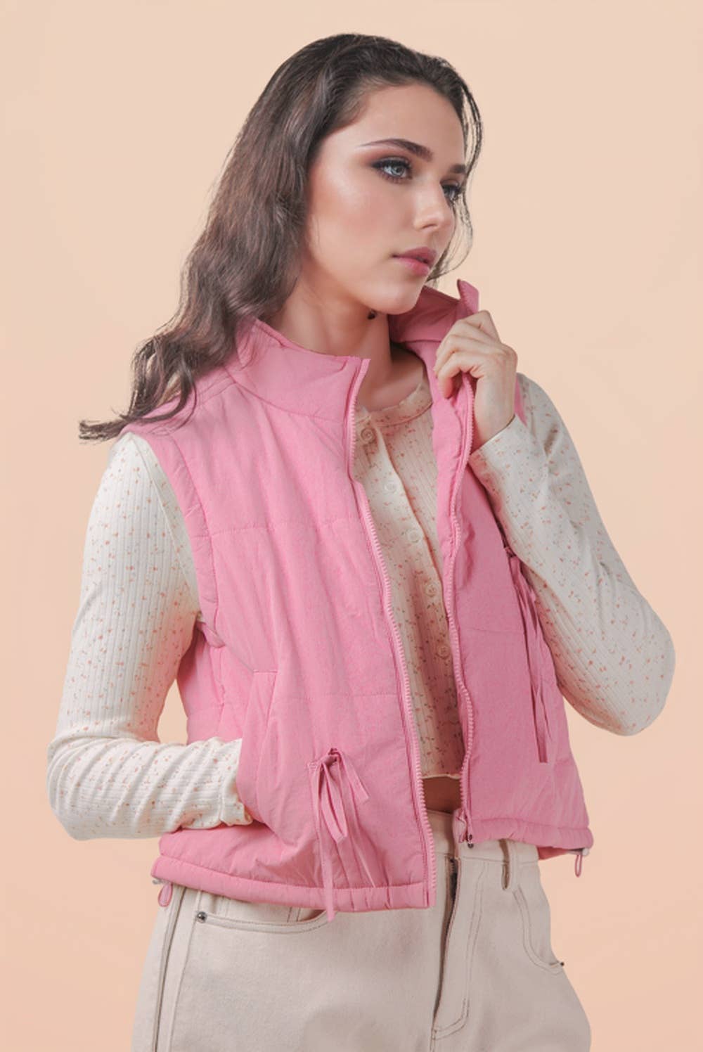 Pink Mock Neck Puffer Vest