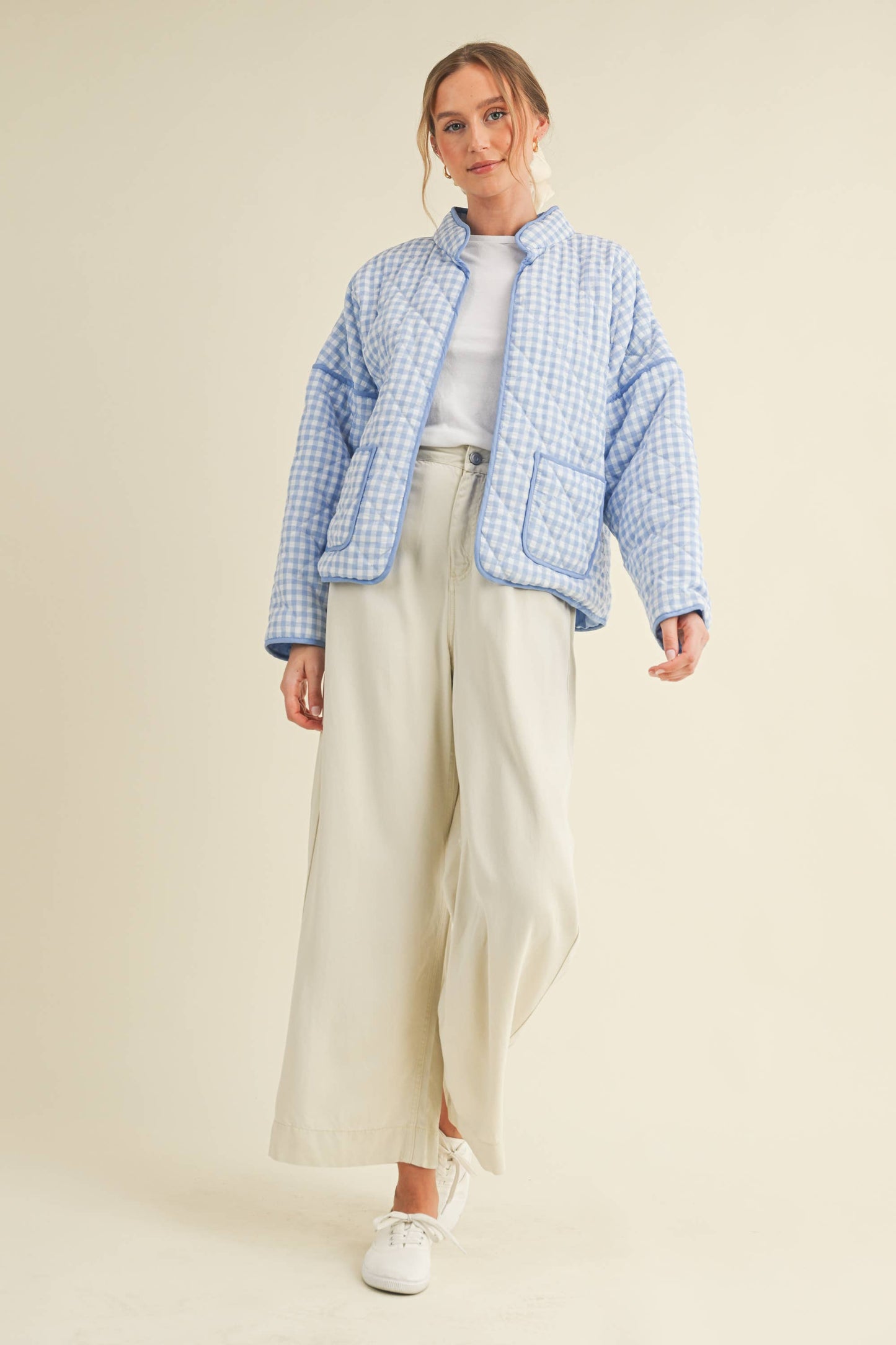 Quilted Plaid Puff Jacket - Blue