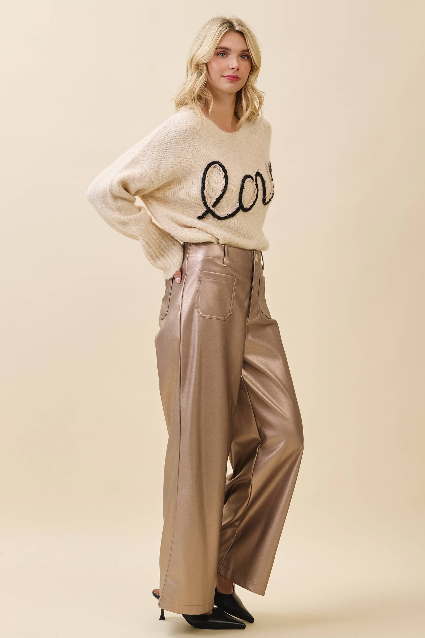 Metallic Wide-Leg Faux Leather Pants