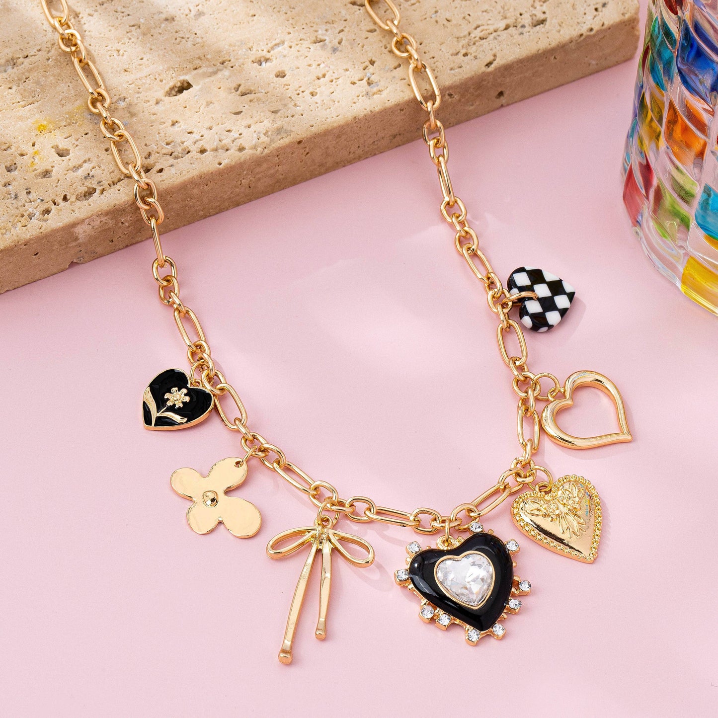 Checkered Hearts & Bows Charm Necklace