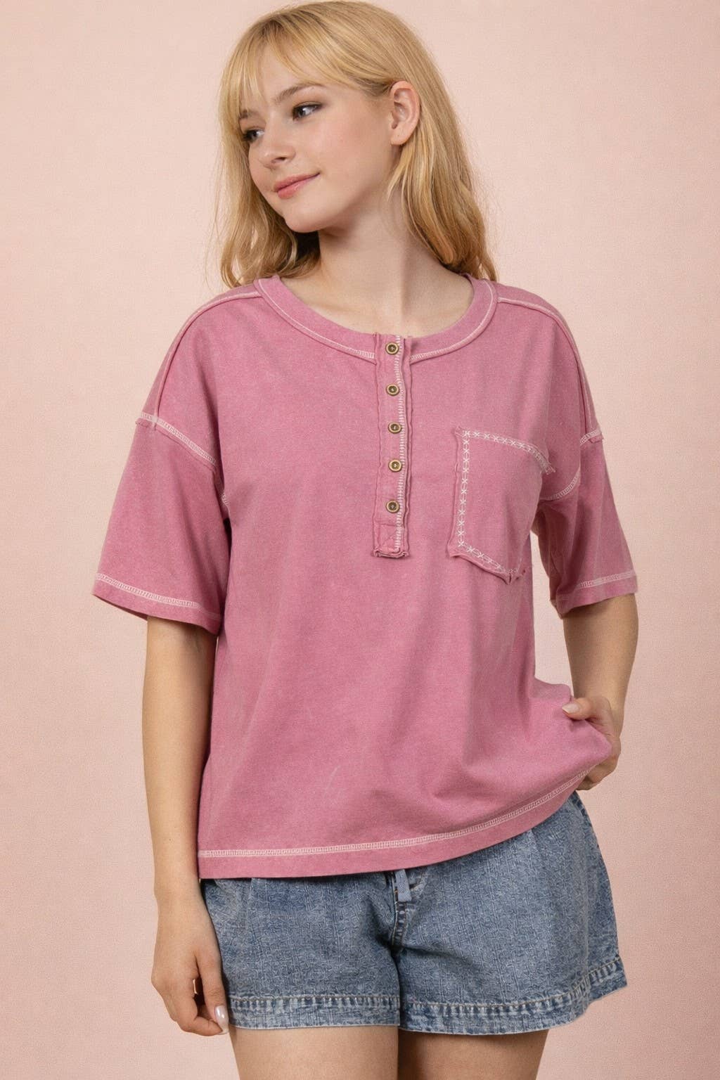 Mineral Washed Boyfriend Top - MAUVE