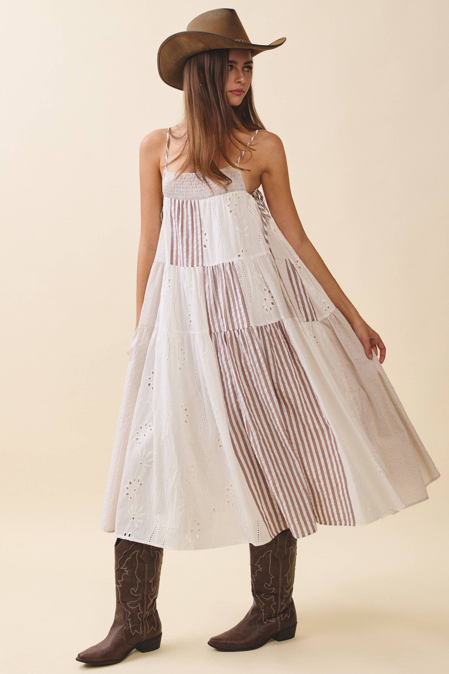 Brown Patchwork Tiered Midi Dress