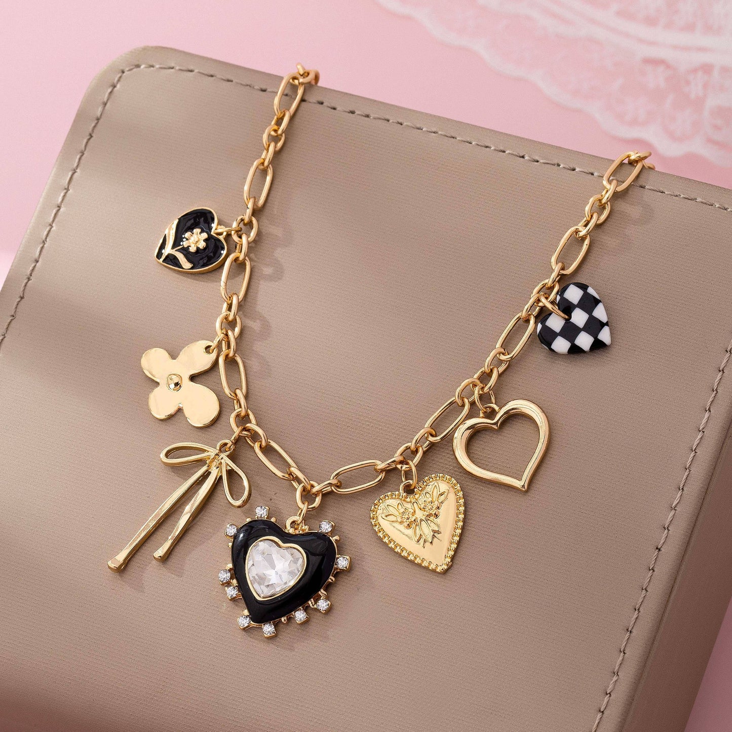 Checkered Hearts & Bows Charm Necklace