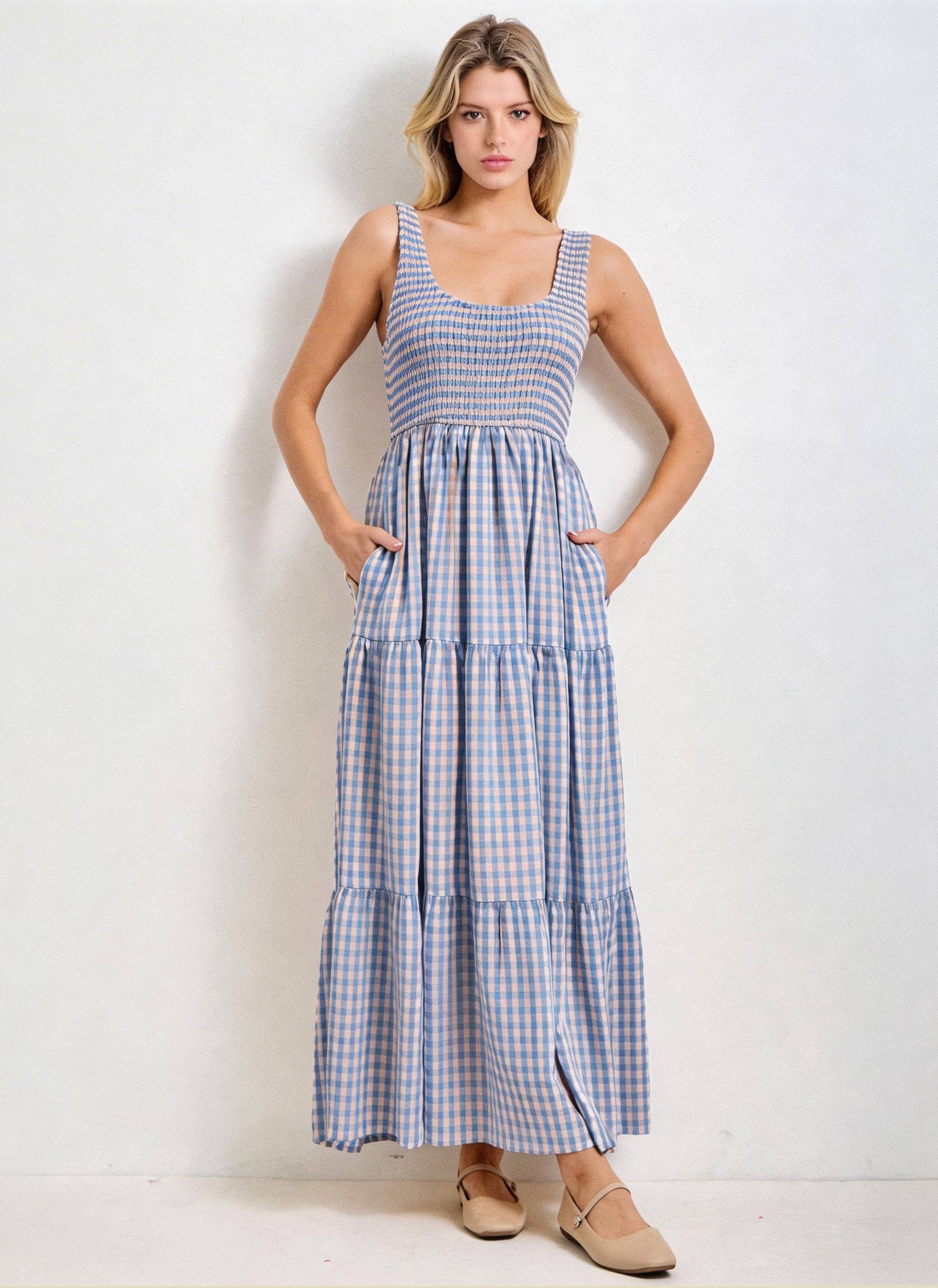 Navy Gingham Maxi Dress